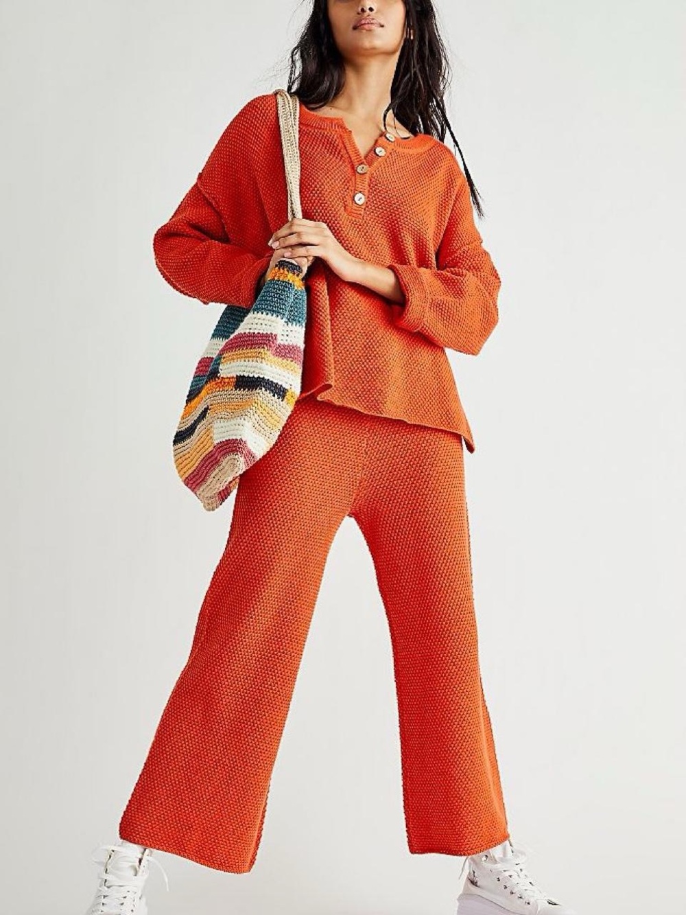 Free People Beach Orange Knit Wide-Leg Cropped Pants